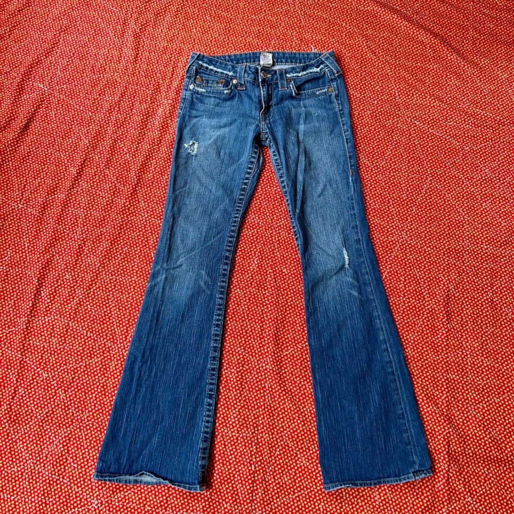 True Religion Joey Low Rise Flare Jeans Blue Distressed Denim 30 Made in USA